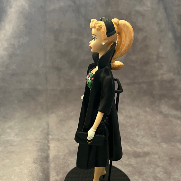 Vintage Enesco Barbie Figurine Doll with Black Coat and Colorful Dress - Picture 3 of 8